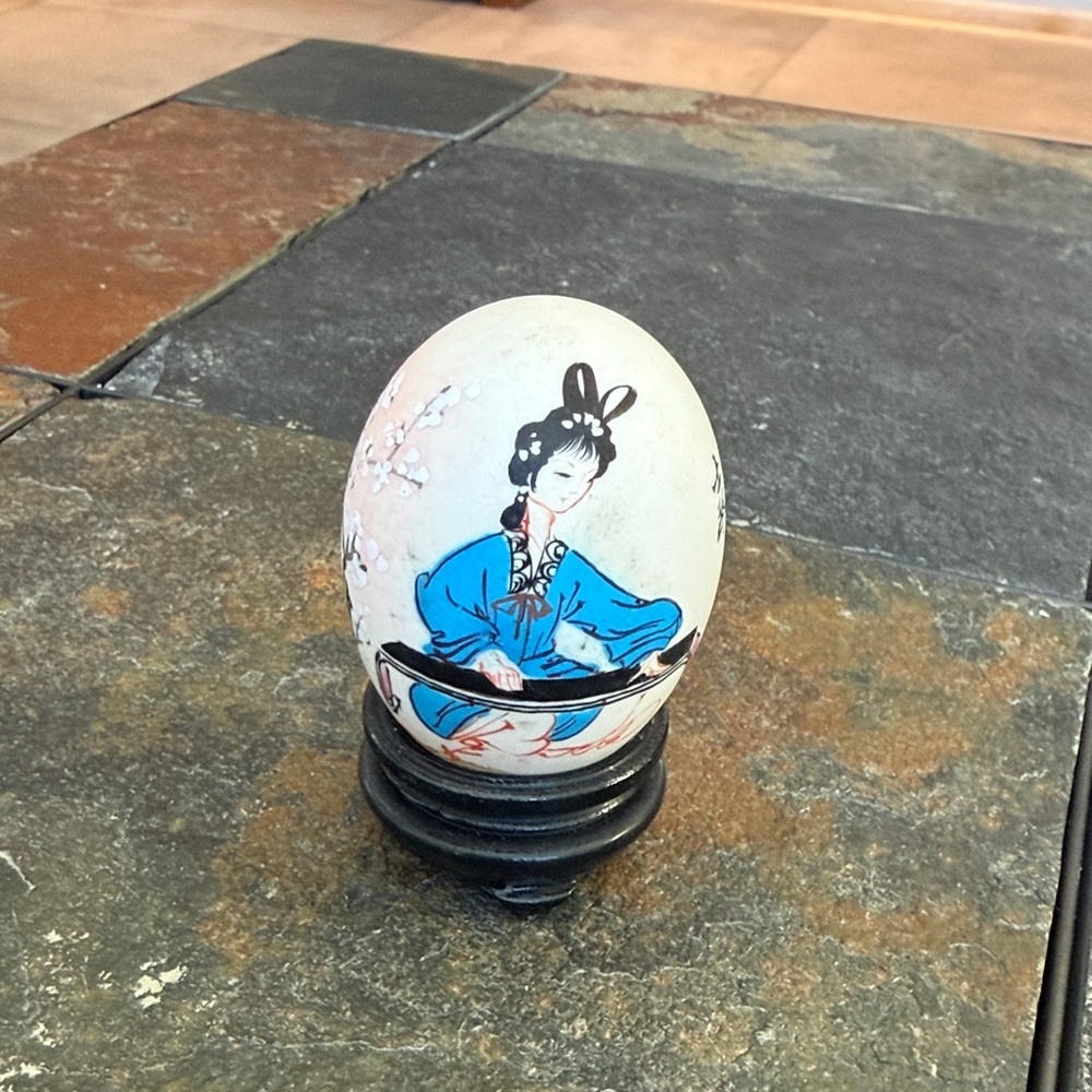Handcrafted Vintage Oriental Egg Art with Stand